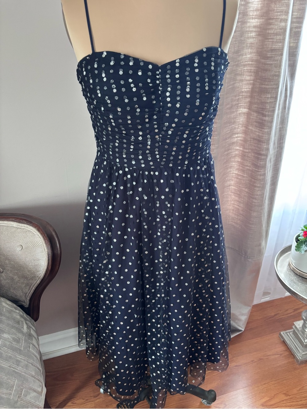 Eliza J Midnight Navy Glitter Mesh Polka Dot Cocktail Dress 10
